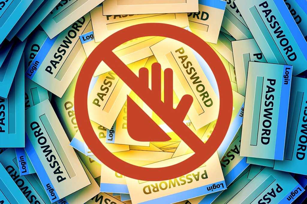 'NO' symbol [circle-backslash] and raised hand against a background of passwords / passcodes