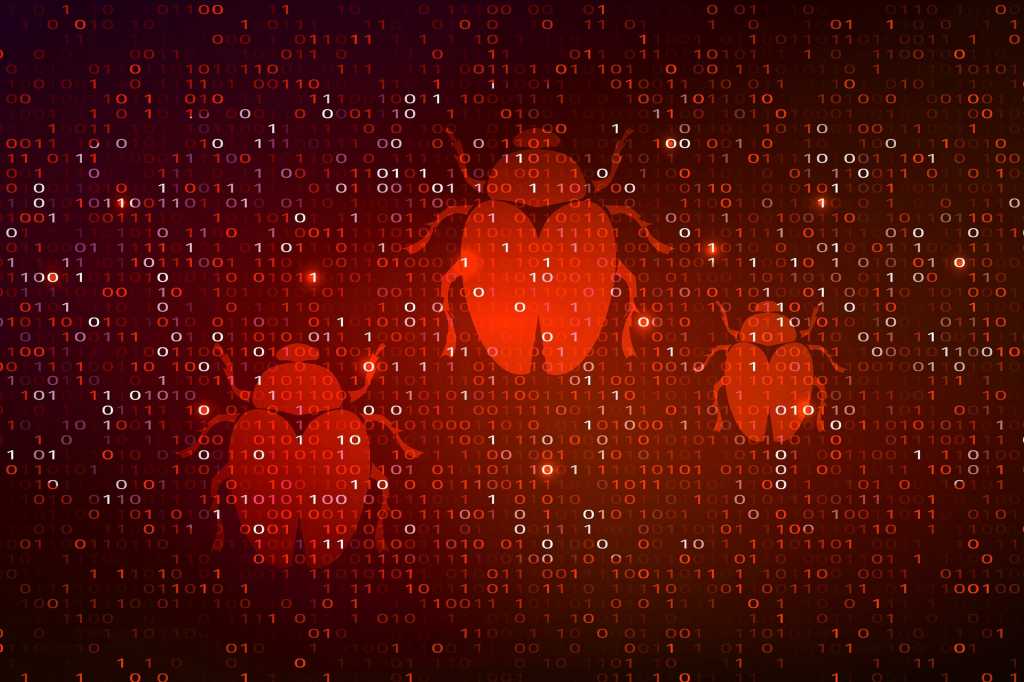 Digital bugs amid binary code. [security threats / malware / breach / hack / attack]